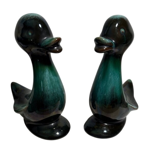 Blue Mountain Pottery Baby Duck Figures Green Black Drip Glaze 5.5" Tall Canada - Picture 1 of 10